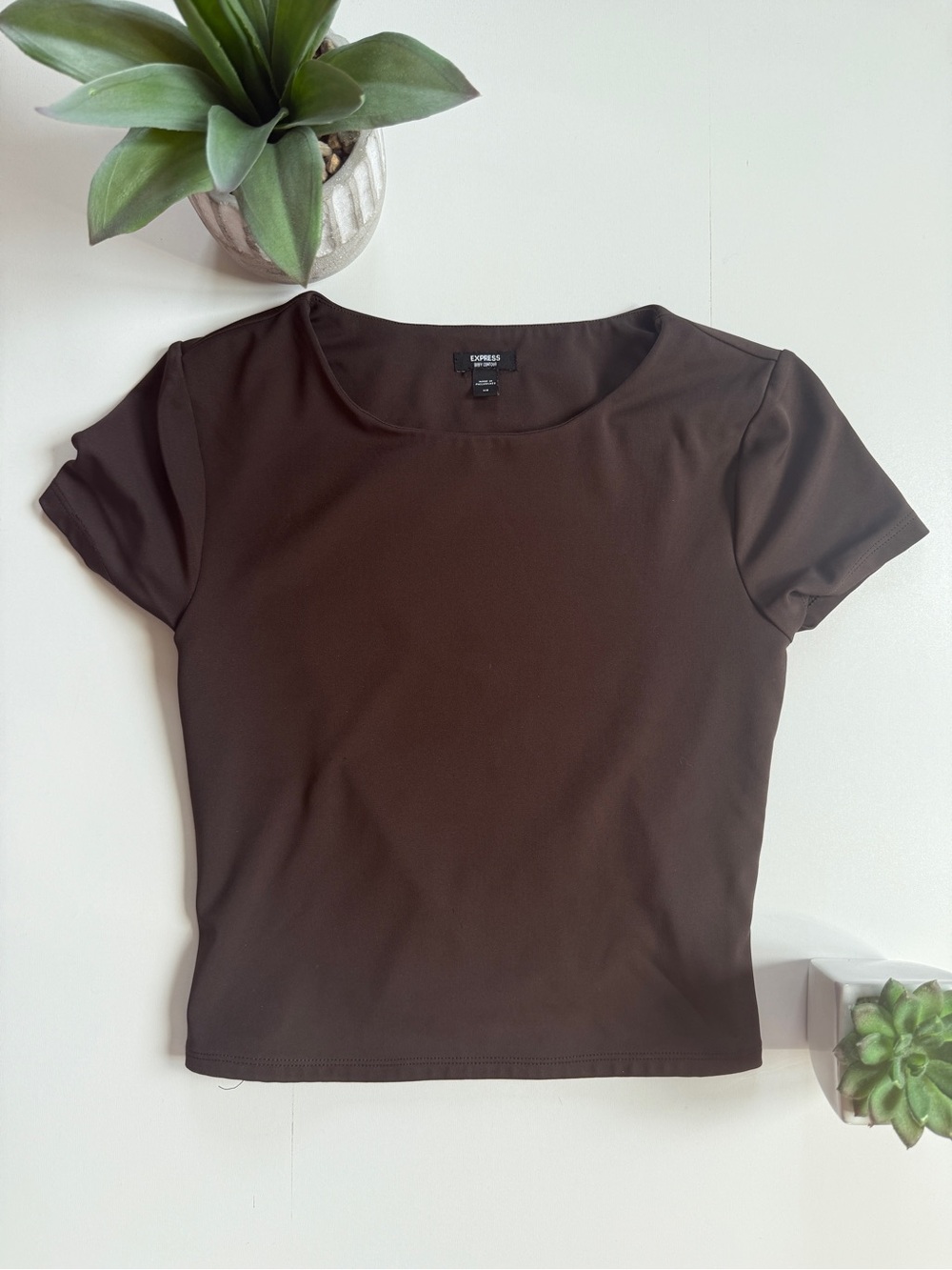 Express Brown Body Contour Short Sleeve Cropped Top